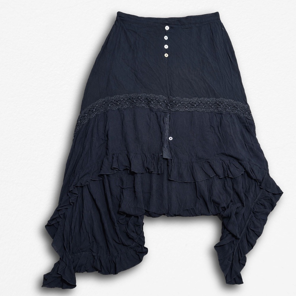 Joy Folie Black Ruffle Maxi Skirt Crochet Lace Tiered Handkerchief Hem XL